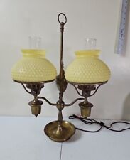 VTG  DOUBLE ARM BRASS n MILK GLASS HOBNAIL SHADES w OIL FONT LIGHT LAMP READ picture