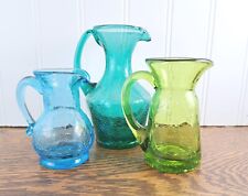 3 Vintage Mid Century Small Crackle Glass Pitchers Green Blue Pilgrim Kanawha picture