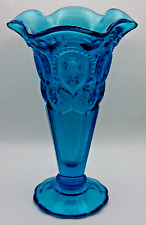 Vintage Blue Glass Flower Vase with Scalloped Draped Rim picture