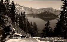 We Pause Enraptured Scenic View of Crater Lake Oregon 1950s RPPC Postcard Photo picture