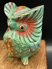 Hand Painted Owl Figure 3 Inch Carved Wood Colorful Folk Art Vintage No Markings picture