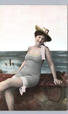 RISQUE BATHING BEAUTY c1920 original antique postcard woman swimming seawall hat picture