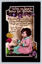 c1944 RPPC Happy 1st Birthday Hand Color Tinted Kid w/ Flowers VINTAGE Postcard picture