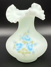 Fenton Hand Painted Ruffled Opaque White Vase Blue Roses Signed picture