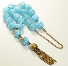 Vintage Art Deco Czech Blue Glass Moonstone Worry Beads Tassel Bracelet 11