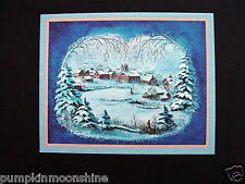 #E965- Unused Tasha Tudor Xmas Greeting Card Village in Snow with Boarder, Sweet picture