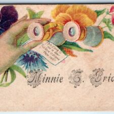 c1880s Minnie E. Bridges Calling Trade Card Hand Opera Binoculars RARE Poem C45 picture