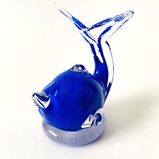 Handmade Blown Glass Blue Koi? Fish on Clear Glass Base Figurine picture