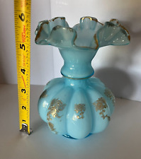 Beautiful Vintage Fenton Blue Glass Hand Painted  Gold Encrusted Lotus Rare picture