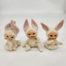 3 Vintage Easter Lefton Snow Baby Bunny Rabbit Ceramic Figurine Mica Pixie Set picture