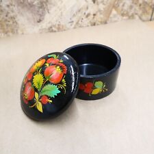 Vintage Wooden Russian Hand Painted Round Trinket Box Folk Floral Art 2.25 picture