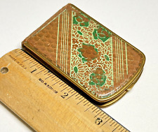 Vintage Mondaine Compact Embossed Brown Leather Green Floral Mirror Rouge Powder picture