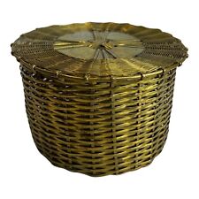 Vintage Brass Woven Basket Trinket Box Solid Brass Round Basket With Hinged Lid picture