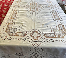 Vintage Linen Banquet Tablecloth w/Floral Richelieu & Needlelace Putti ZZ156 picture