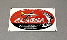 VINTAGE RARE 14” ALASKA PLANE FISH PORCELAIN SIGN CAR GAS OIL TRUCK AUTO picture