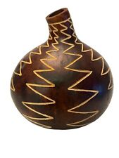 Hand-Carved Kenya Gourd Decorative Vase Brown Carved Signed Primitive 12” x 12” picture