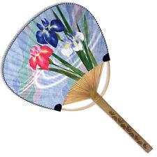 Japanese Uchiwa Flat Fan Hand Held Bamboo Handle Ayame Iris Flower Made in Japan picture