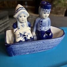 Delfts Blue Dutch Boy & Girl Salt & Pepper Shakers Rowboat Hand Painted MINT picture