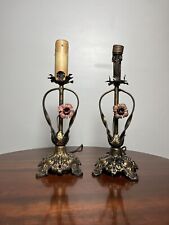 Pair Bronzed Cast Iron Flower Lamps Antique / Vtg Original Paint May Need Wired picture