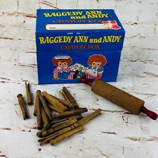 vtg raggedy ann and andy crayon box w  wood play doll clohes pins & rolling pin picture