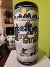 11 Inch Tall Pottery Vase Winter Scene Etched Signed picture