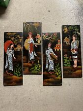 Set Of 4 Vintage Asian Ladies in Lacquer, Inlay & Painted Panels Wall Art picture