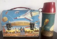 RARE VINTAGE 1960 SPACE SATELLITE ROCKET SHIP ASTRO UFO METAL LUNCHBOX THERMOS picture