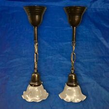 19” Long  Dark Brass Pendant Lights Pair Wired With Etched Shades 60E picture