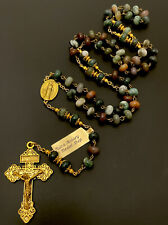 Semi Precious India Agate Stone 23” Rosary, Gold Tone Pardon Crucifix w/ Tag picture