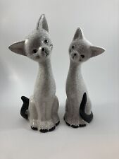 2 Vintage Ceramic Black & White Speckled Long Neck Cat Figurines MCM picture