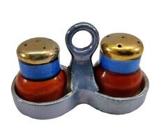 VTG Lusterware Blue Red Gold Salt & Pepper Shakers w Caddy Made in Japan picture
