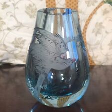 Vintage Chinese Engraved Thick Heavy Blue Glass Vase Eagle Tree Seal Stamp Bird picture