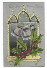 Postcard With Best Christmas Wishes Undivided Back Embossed Holly Bells Window picture