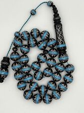 Black Coral Yusr Prayer Beads Inlaid Silver 925 And Turquoise مسبحة يسر فيروز picture