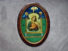 REVERSE PAINTED ON GLASS OVAL FRAMED CHROMOLITHOGRAPH MADONNA SACRED HEART picture