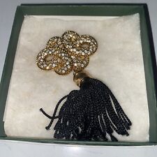 Swarovski Gold-Plated Pave Crystal Endless Knot Black Silk Tassel Brooch Pin Vtg picture
