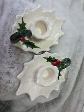 Vtg Lefton White Holly & Berry Christmas Holiday Candlestick Holder Set 2 Japan picture