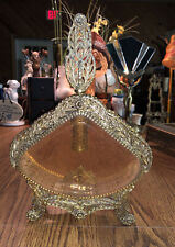 Vintage 10” Ormolu Beveled Amber Glass Ornate  Filigree Perfume Bottle picture