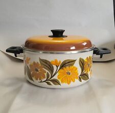 Vintage JMP Capri Enamelware Spain Double Handle Pot W/ Lid 5 Qt Retro Floral picture