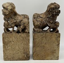 Pair Antique Chinese Qing Hand Carved Marble Foo Dog Lion Bookends picture