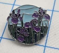 VTG Lapel Pinback Hat Pin Silver Tone Purple Flowers Round Enameled Pin picture