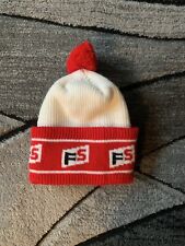 Vintage Farm Service FS Seed Pom Stocking Cap Beanie Knit Hat Winter White Red picture