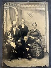 Lovely 1870s Antique Tintype Photo Family of 5 Group Portrait large 5x7 Tin Type picture