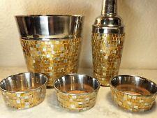Vintage Pier 1  Ice Bucket Cocktail Shaker Coaster Cups Set Amber Mosaic Read picture