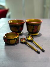 Vintage  Russian Khokhloma 3 small serving bowls and 2 spoons early 70