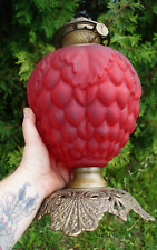Antique 1890s Pittsburgh RED SATIN Glass Oil Lamp - Grape Pattern - ORIGINAL picture