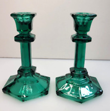 Vintage MCM Millard Lister Green Pressed Glass Taper Candle Stick Holders 5.5'' picture