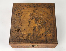 Antique Vintage Flemish Art Pyrography Burned Wood Art Nouveau Woman Box picture