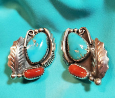 Navajo Earrings Turquoise & Coral R. Platero Silver Clip-On Native American USA picture