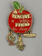 Vintage Teacher Friend For Life Gold Red Enamel Apple Lapel Pin Brooch picture